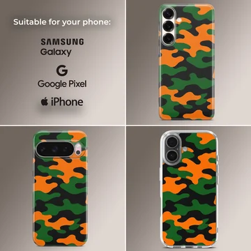 Camo B103 Pattern phone case with vibrant orange, green, and black camouflage artwork — Collage
