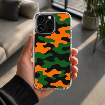 Camo B103 Pattern phone case with vibrant orange, green, and black camouflage artwork — Lifestyle