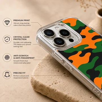 Camo B103 Pattern phone case with vibrant orange, green, and black camouflage artwork — Info