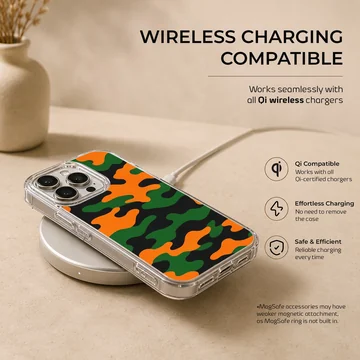 Camo B103 Pattern phone case with vibrant orange, green, and black camouflage artwork — Charging