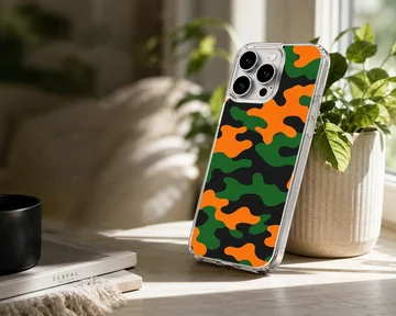 Camo B103 Pattern phone case with vibrant orange, green, and black camouflage artwork — Lifestyle