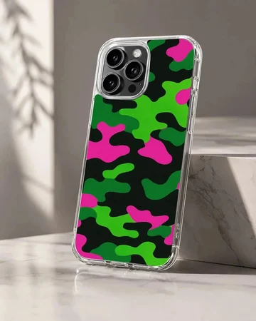 Neon green, pink, and black camouflage print phone case