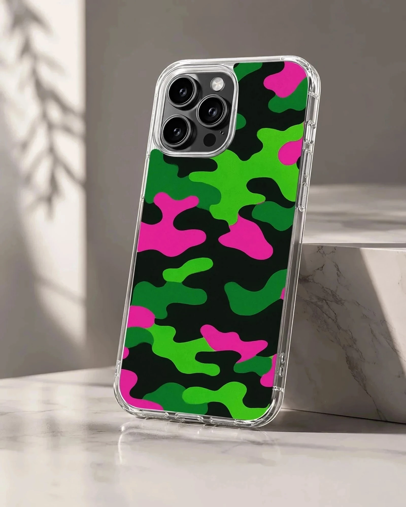 Neon green, pink, and black camouflage print phone case