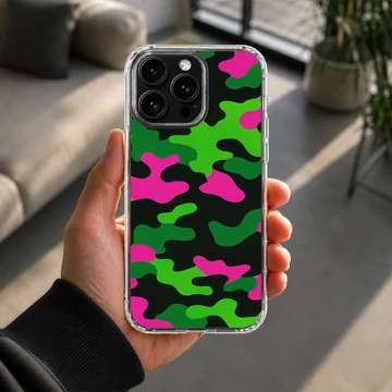 Neon green, pink, and black camouflage print phone case — Lifestyle
