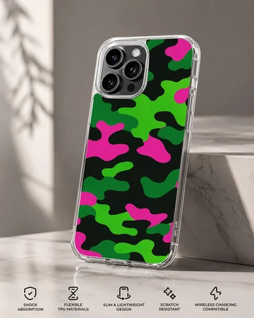 Neon green, pink, and black camouflage print phone case — Specs