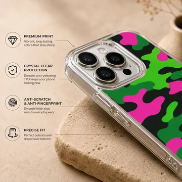 Neon green, pink, and black camouflage print phone case — Info