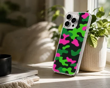 Neon green, pink, and black camouflage print phone case — Lifestyle