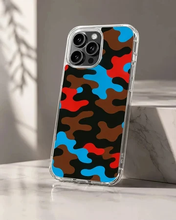 Vibrant blue, red, brown, and black camouflage pattern phone case with a matte finish