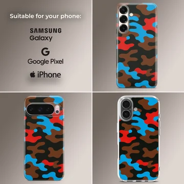 Vibrant blue, red, brown, and black camouflage pattern phone case with a matte finish — Collage