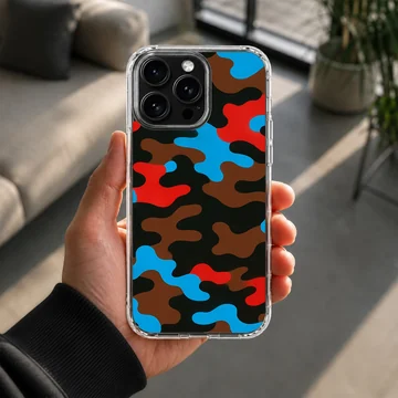 Vibrant blue, red, brown, and black camouflage pattern phone case with a matte finish — Lifestyle