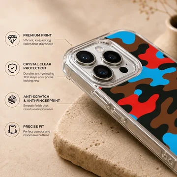 Vibrant blue, red, brown, and black camouflage pattern phone case with a matte finish — Info