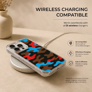 Vibrant blue, red, brown, and black camouflage pattern phone case with a matte finish — Charging