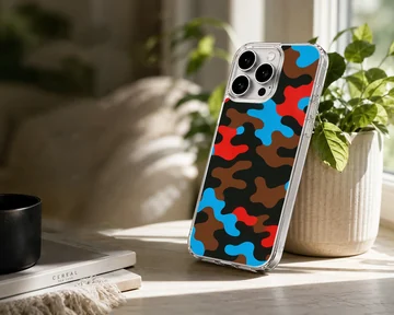 Vibrant blue, red, brown, and black camouflage pattern phone case with a matte finish — Lifestyle