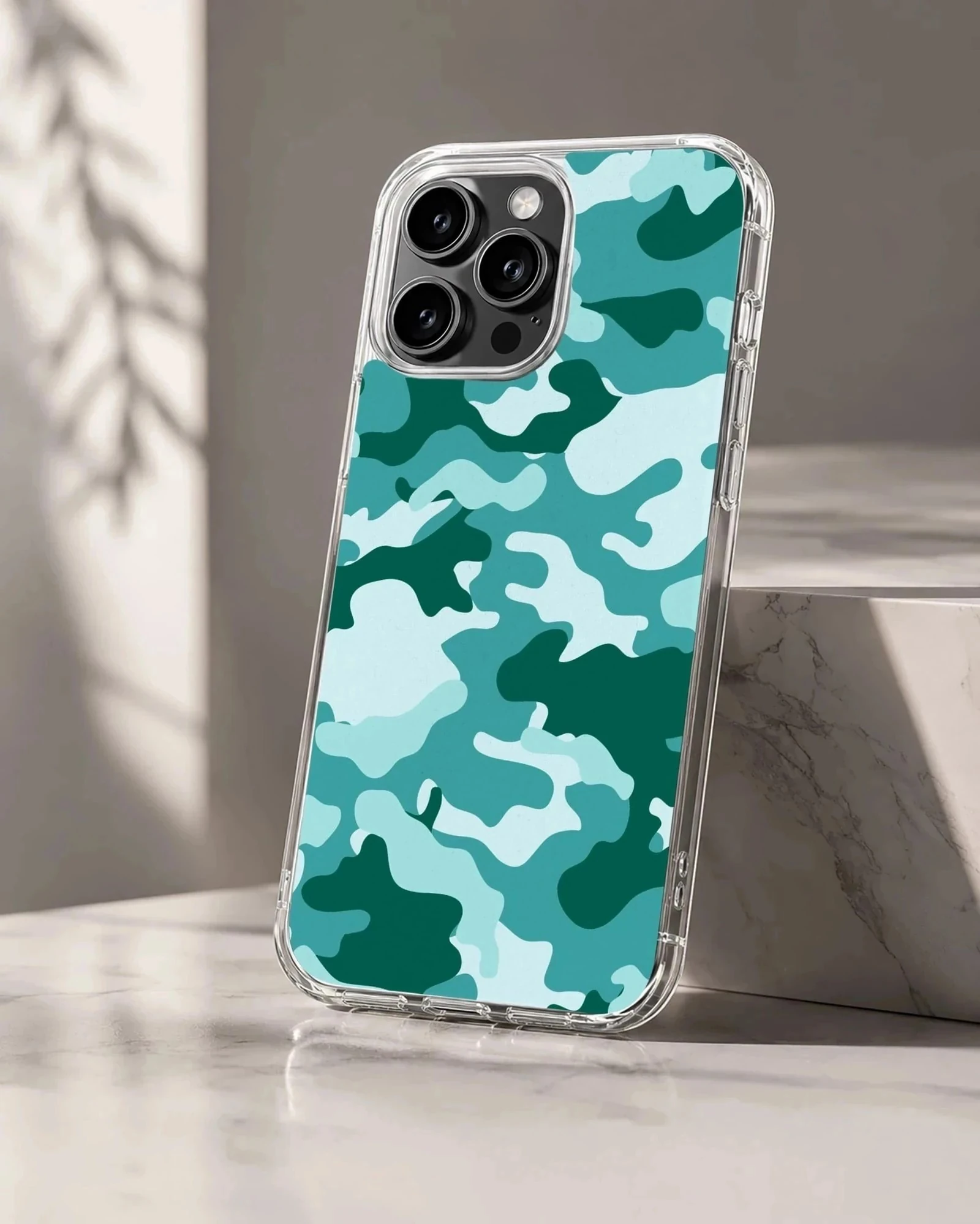 Teal and forest green camouflage pattern printed on a matte phone case
