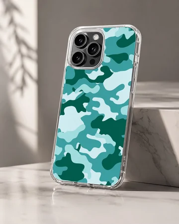 Teal and forest green camouflage pattern printed on a matte phone case — Hero