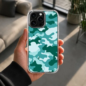 Teal and forest green camouflage pattern printed on a matte phone case — Lifestyle
