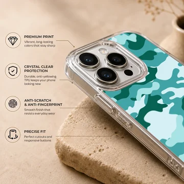 Teal and forest green camouflage pattern printed on a matte phone case — Info