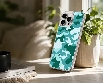 Teal and forest green camouflage pattern printed on a matte phone case — Lifestyle