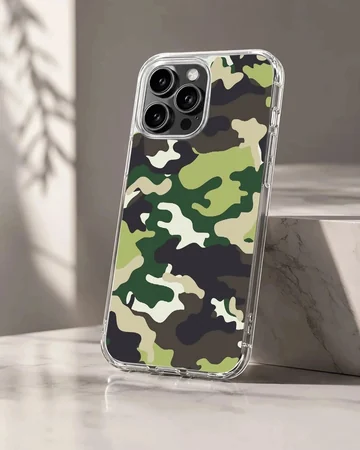 Green and black military camouflage pattern printed on a slim matte phone case