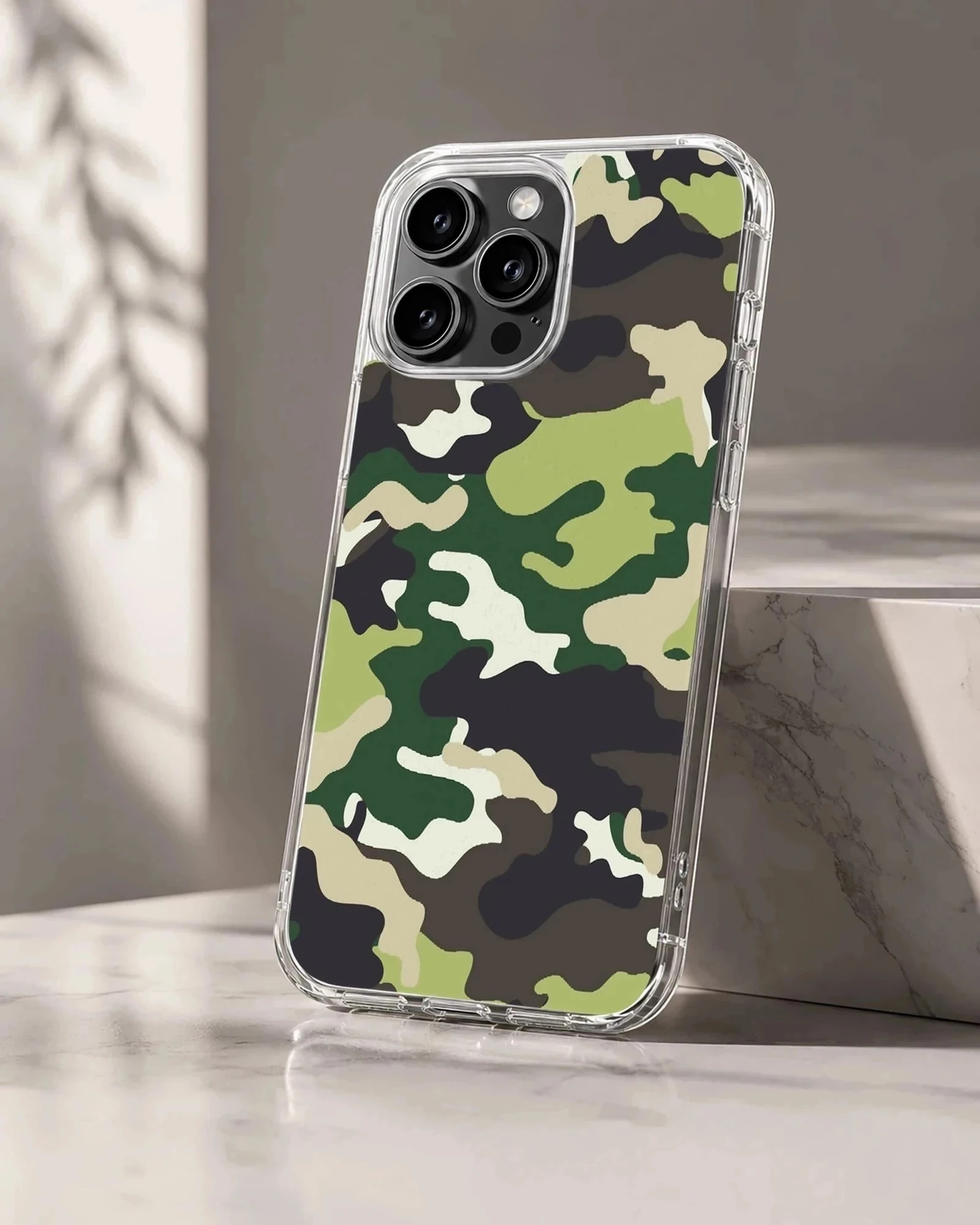 Green and black military camouflage pattern printed on a slim matte phone case
