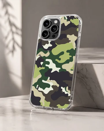 Green and black military camouflage pattern printed on a slim matte phone case — Hero