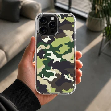 Green and black military camouflage pattern printed on a slim matte phone case — Lifestyle