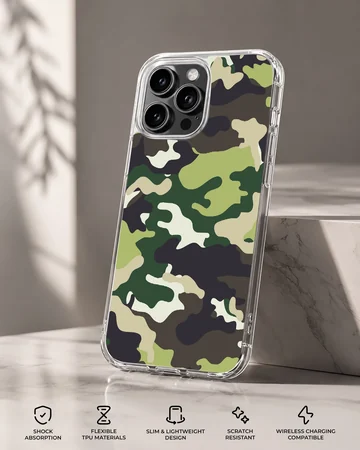 Green and black military camouflage pattern printed on a slim matte phone case — Specs
