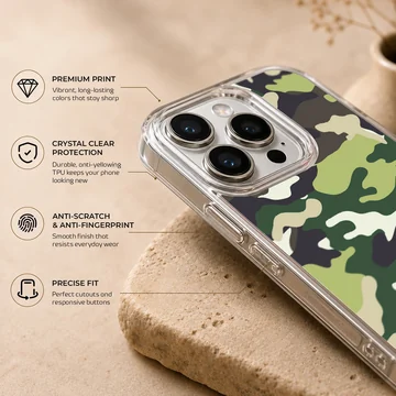 Green and black military camouflage pattern printed on a slim matte phone case — Info