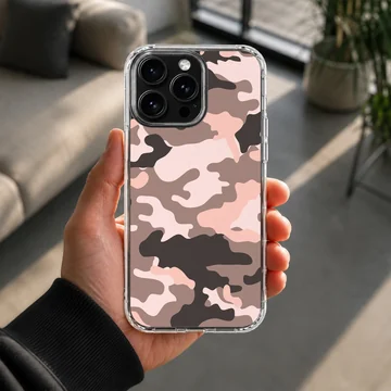 Pink and brown camouflage pattern printed on a matte phone case — Lifestyle