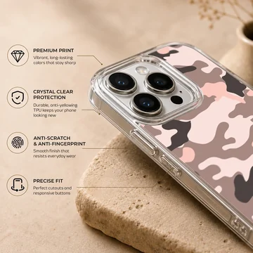 Pink and brown camouflage pattern printed on a matte phone case — Info