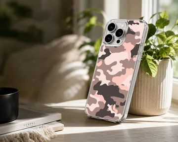 Pink and brown camouflage pattern printed on a matte phone case — Lifestyle