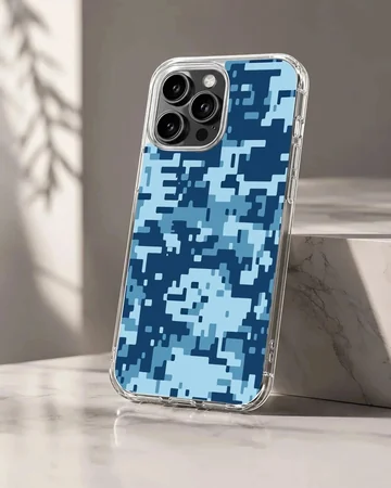 Blue digital camouflage pattern printed on a matte snap phone case