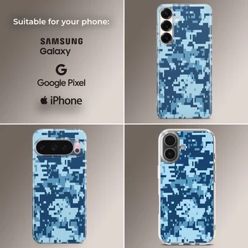 Blue digital camouflage pattern printed on a matte snap phone case — Collage