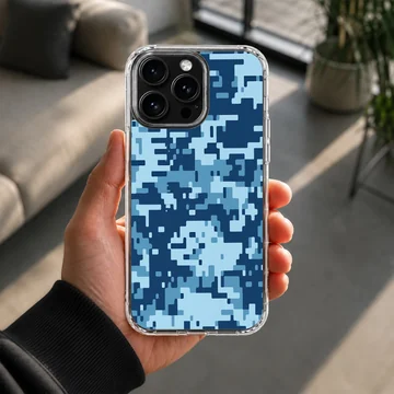 Blue digital camouflage pattern printed on a matte snap phone case — Lifestyle