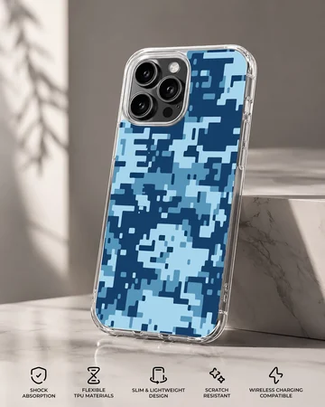 Blue digital camouflage pattern printed on a matte snap phone case — Specs