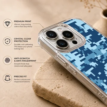 Blue digital camouflage pattern printed on a matte snap phone case — Info