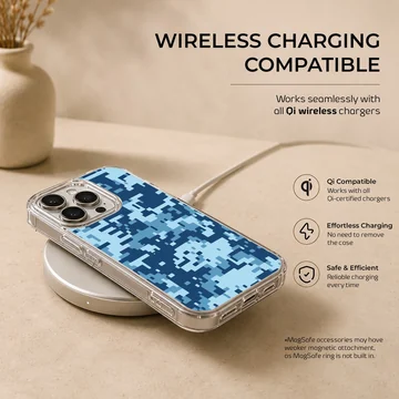 Blue digital camouflage pattern printed on a matte snap phone case — Charging
