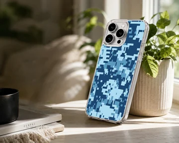 Blue digital camouflage pattern printed on a matte snap phone case — Lifestyle