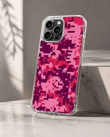 Vibrant pink and purple pixelated camouflage pattern phone case — Hero
