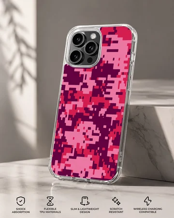 Vibrant pink and purple pixelated camouflage pattern phone case — Specs