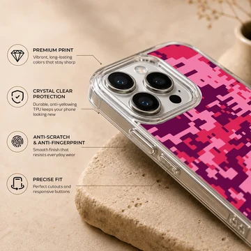 Vibrant pink and purple pixelated camouflage pattern phone case — Info