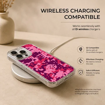 Vibrant pink and purple pixelated camouflage pattern phone case — Charging
