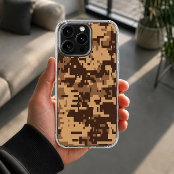 Digital desert pixel camo pattern printed on a slim matte phone case — Lifestyle
