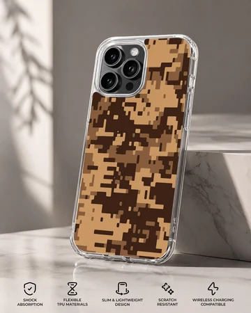 Digital desert pixel camo pattern printed on a slim matte phone case — Specs