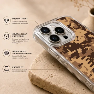 Digital desert pixel camo pattern printed on a slim matte phone case — Info