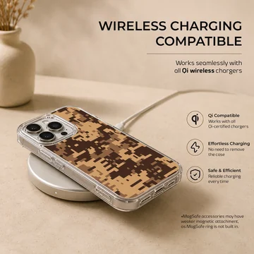 Digital desert pixel camo pattern printed on a slim matte phone case — Charging