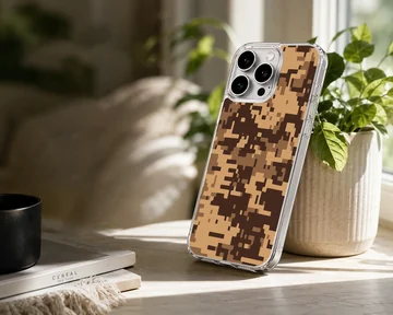 Digital desert pixel camo pattern printed on a slim matte phone case — Lifestyle