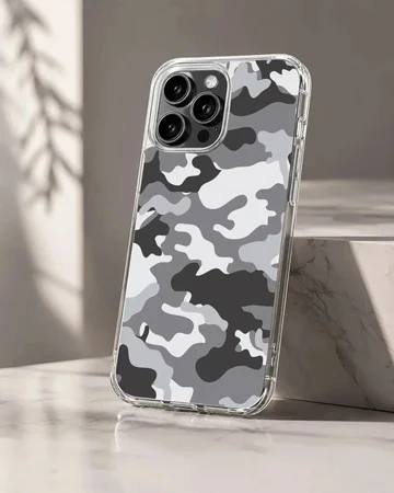 Monochrome camouflage pattern in black, gray, and white on a matte phone case