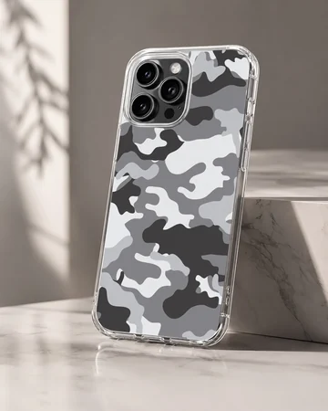 Monochrome camouflage pattern in black, gray, and white on a matte phone case — Hero