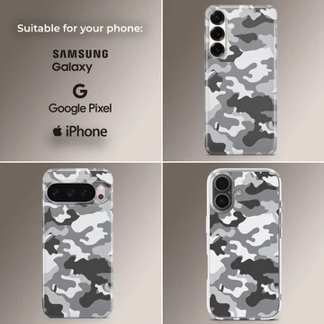 Monochrome camouflage pattern in black, gray, and white on a matte phone case — Collage